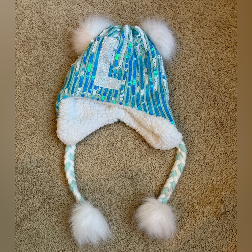 Justice Blue and White Sequin Hat with Pom Poms